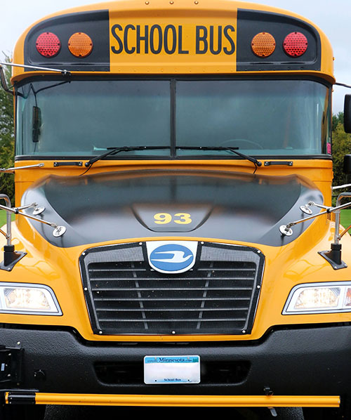 Front-end of a row of yellow school buses